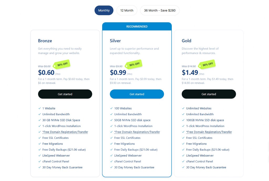 Verpex pricing for Web hosting with renewal fees indicated.