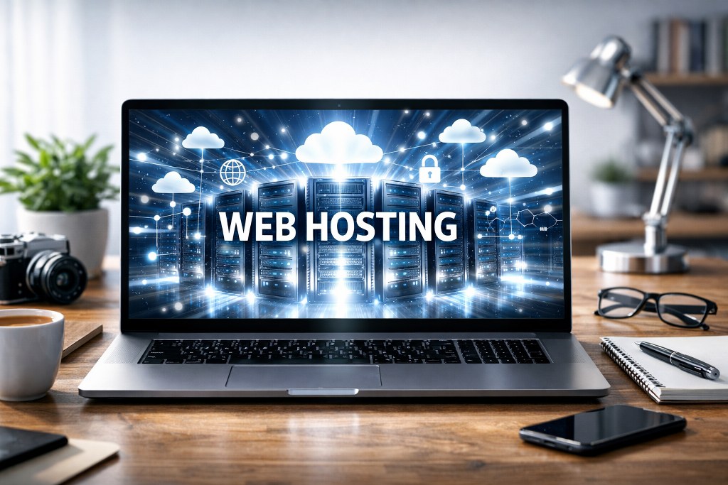 Web hosting concept on a laptop.