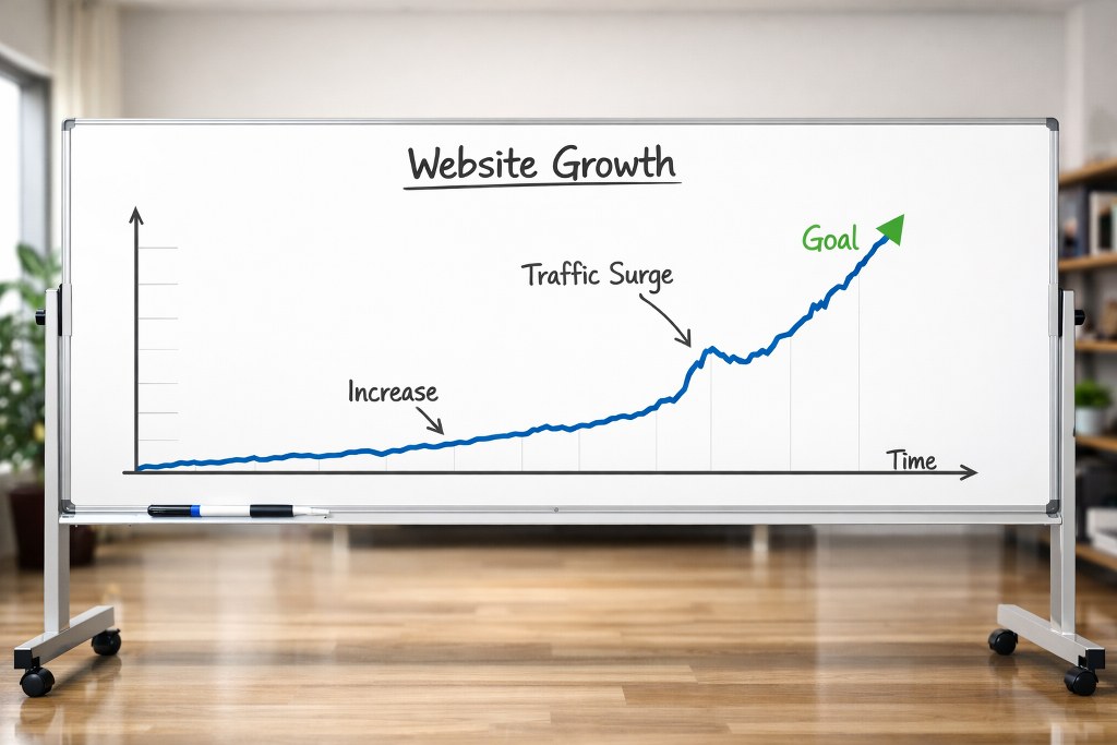 Website growth graph on a whiteboard.
