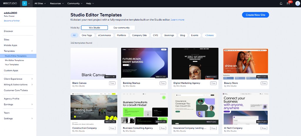Wix Studio templates page.