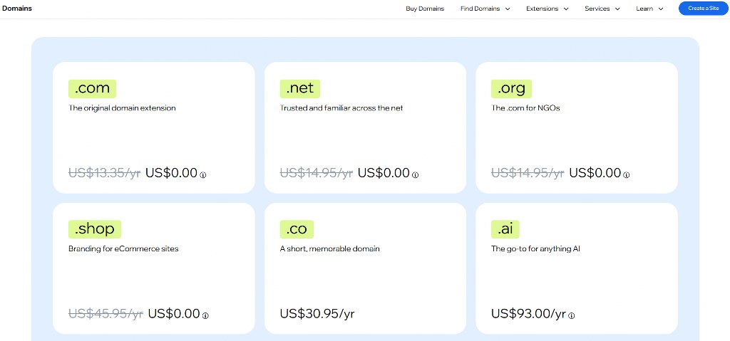 Wix domain pricing.