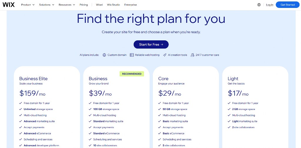 Wix pricing page.