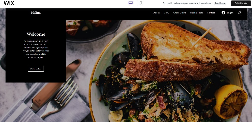 Wix restaurant template.