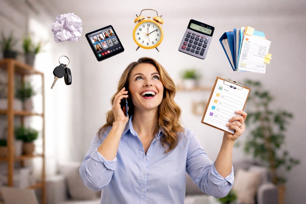 Woman multitasking with multiple items, symbolizing juggling many responsibilities.