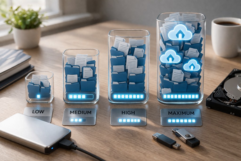 Workspace scene showing digital and physical storage