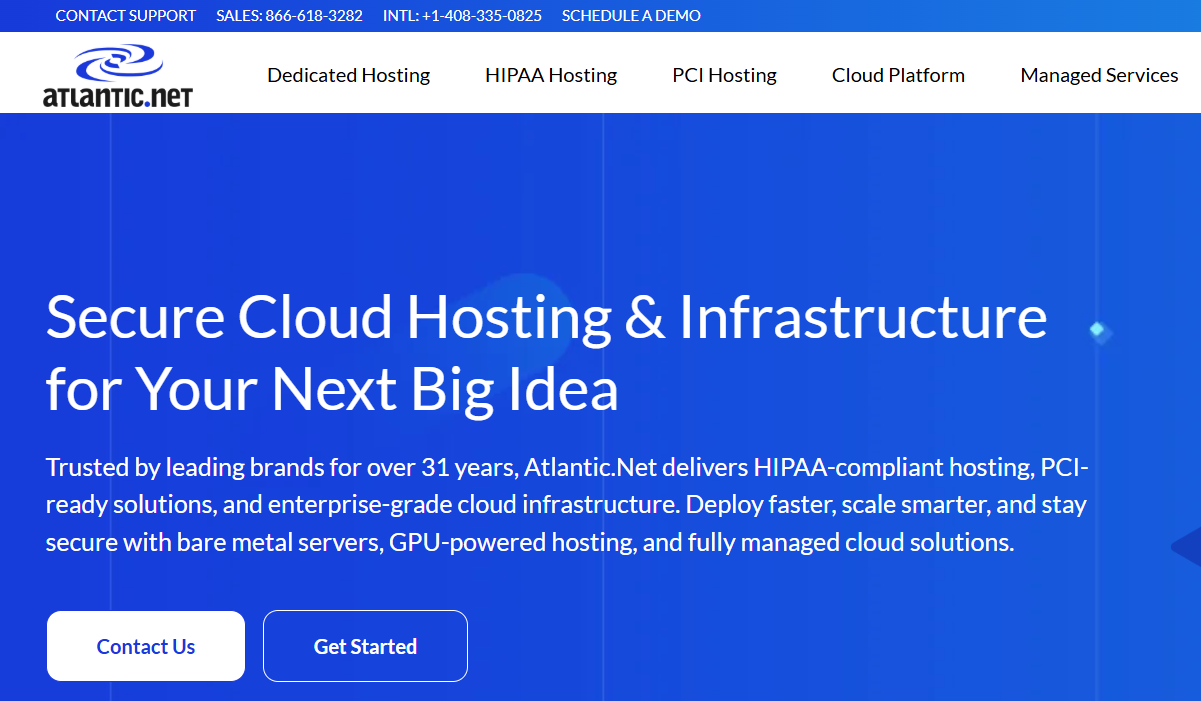 Atlantic.Net website main menu showing cloud services including Dedicated Server option
