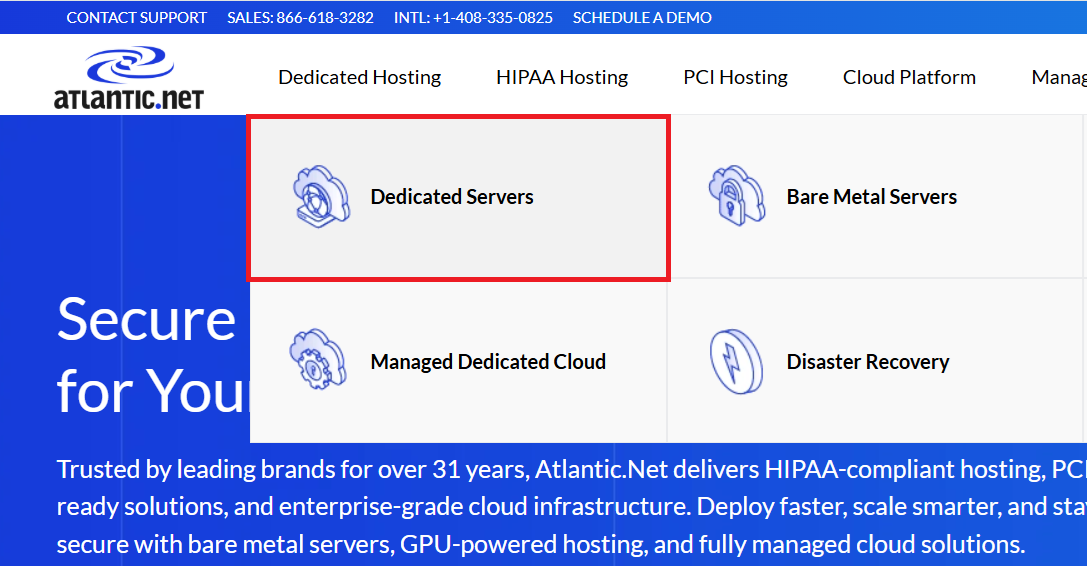 Atlantic.Net top navigation highlighting Dedicated Hosting and Dedicated Servers