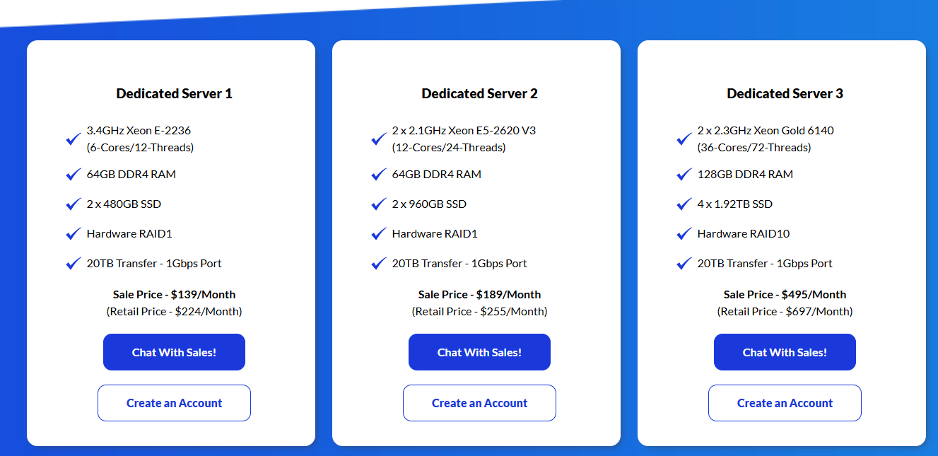 Atlantic.Net dedicated server plans with Create an Account button