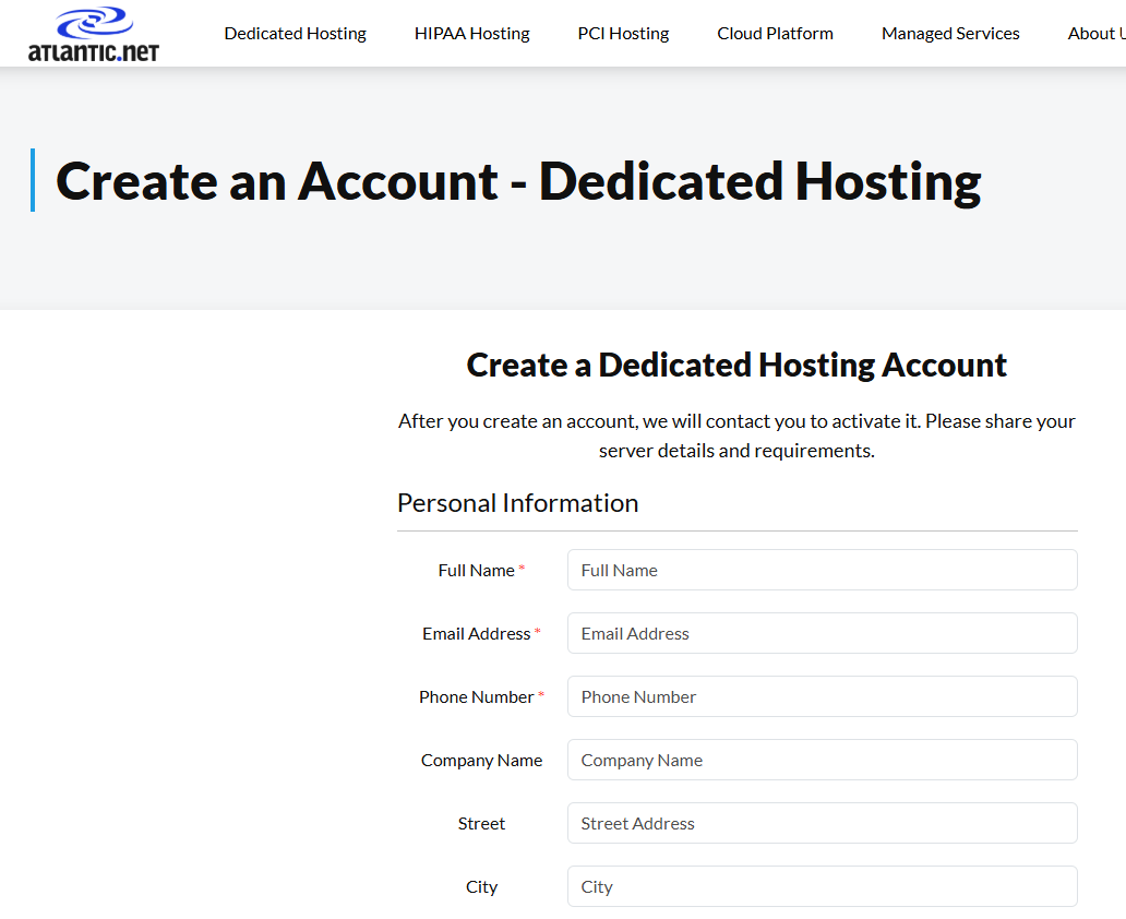 Atlantic.Net account creation form for dedicated server setup