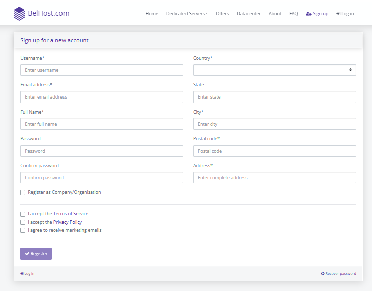 BelHost checkout and coupon code entry page