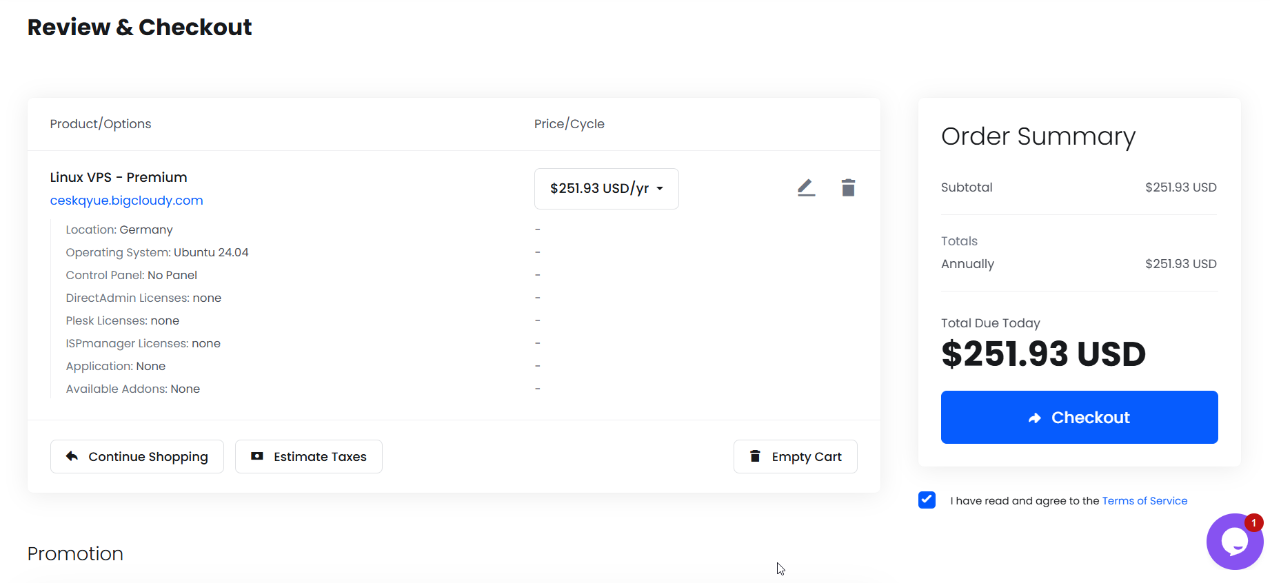 screenshot of BigCloudy's checkout