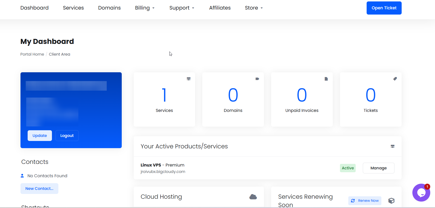 screenshot of BigCloudy's dashboard