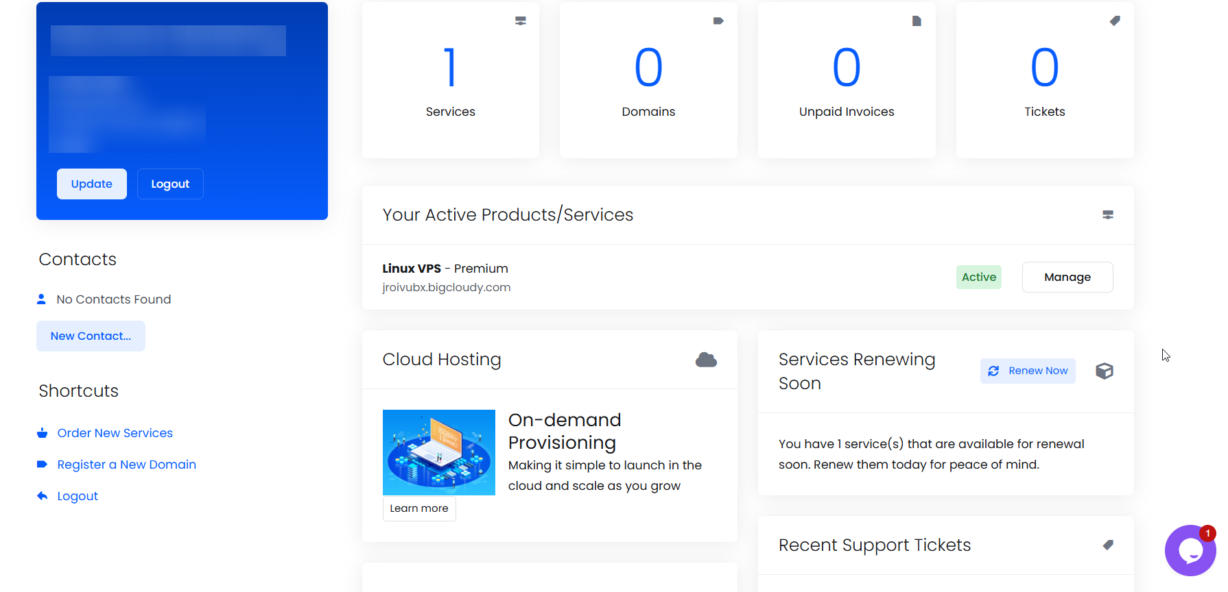 screenshot of BigCloudy's dashboard