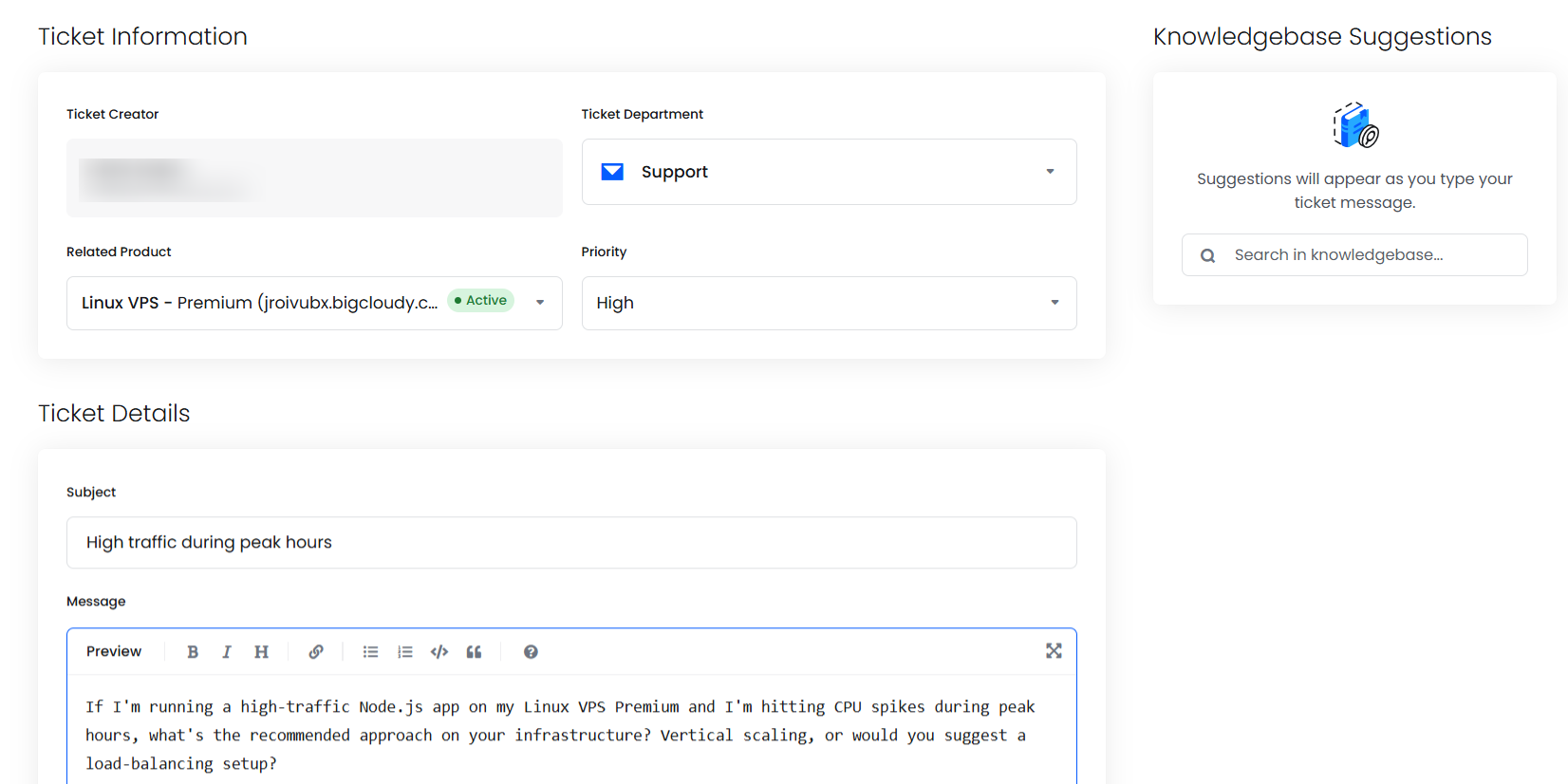 screenshot of BigCloudy Ticket support