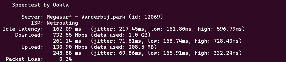 screenshot of BigCloudy Network Performance test result