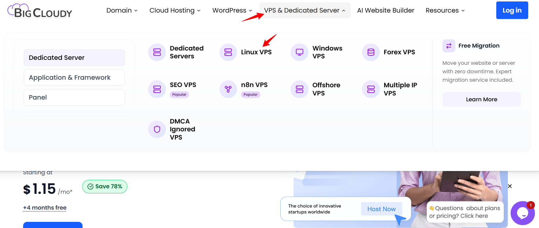 screenshot of BigCloudy website 'Linux VPS' button
