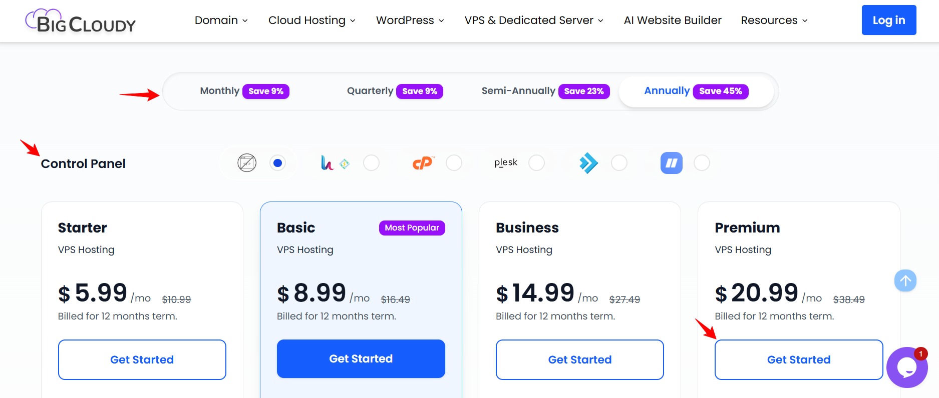 screenshot of BigCloudy VPS hosting plans