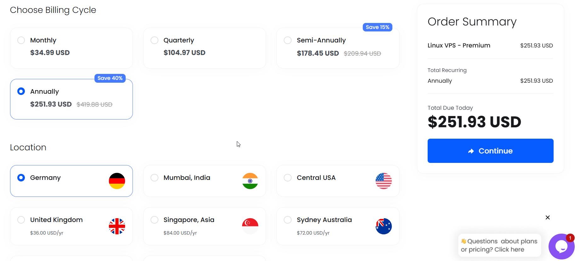 screenshot of BigCloudy Payment methods and Server locations