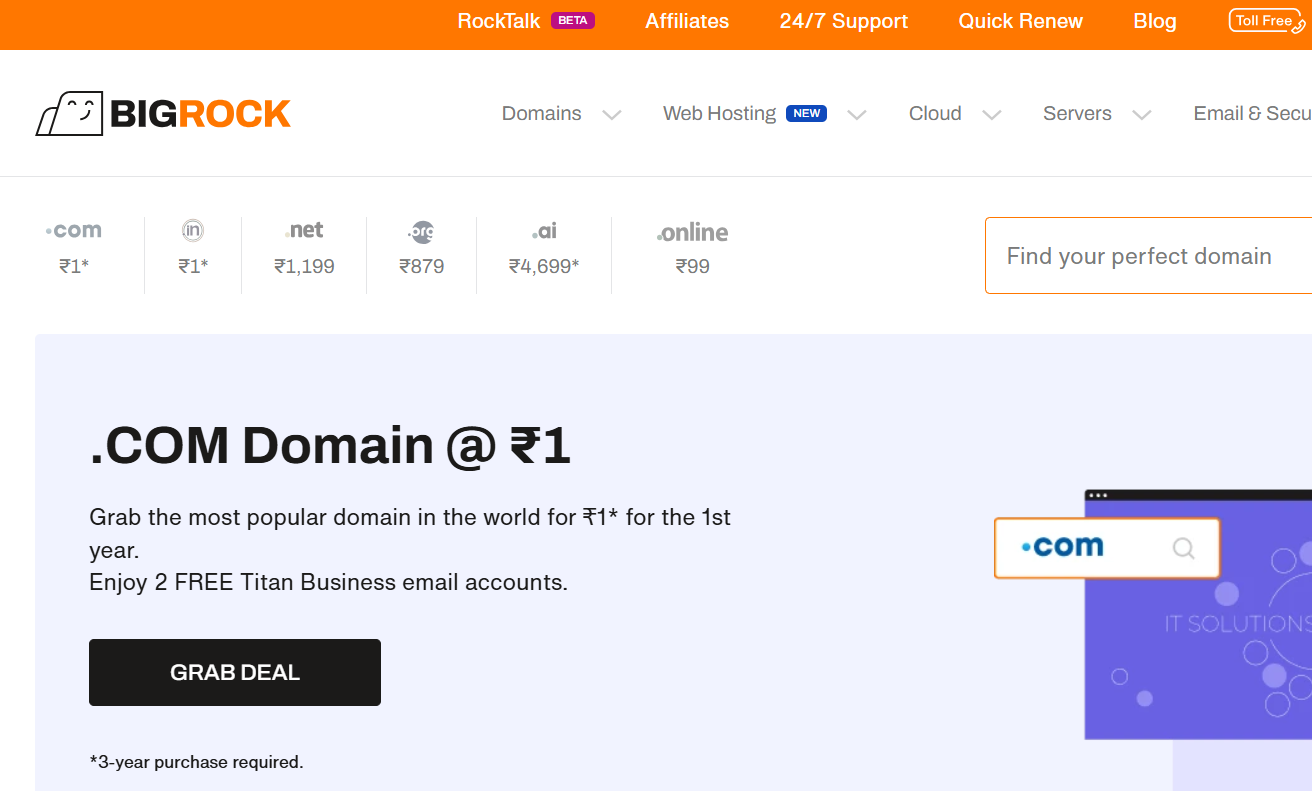 BigRock website homepage showing web hosting option