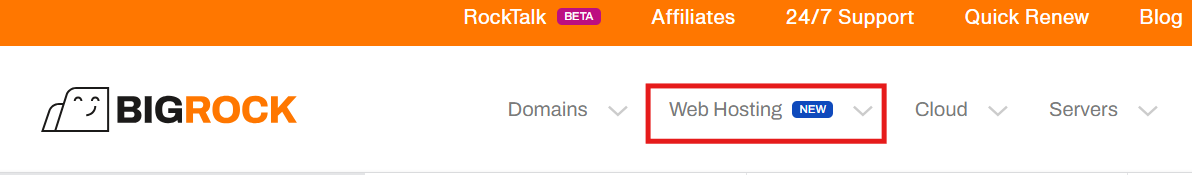BigRock top navigation menu with Web Hosting selected