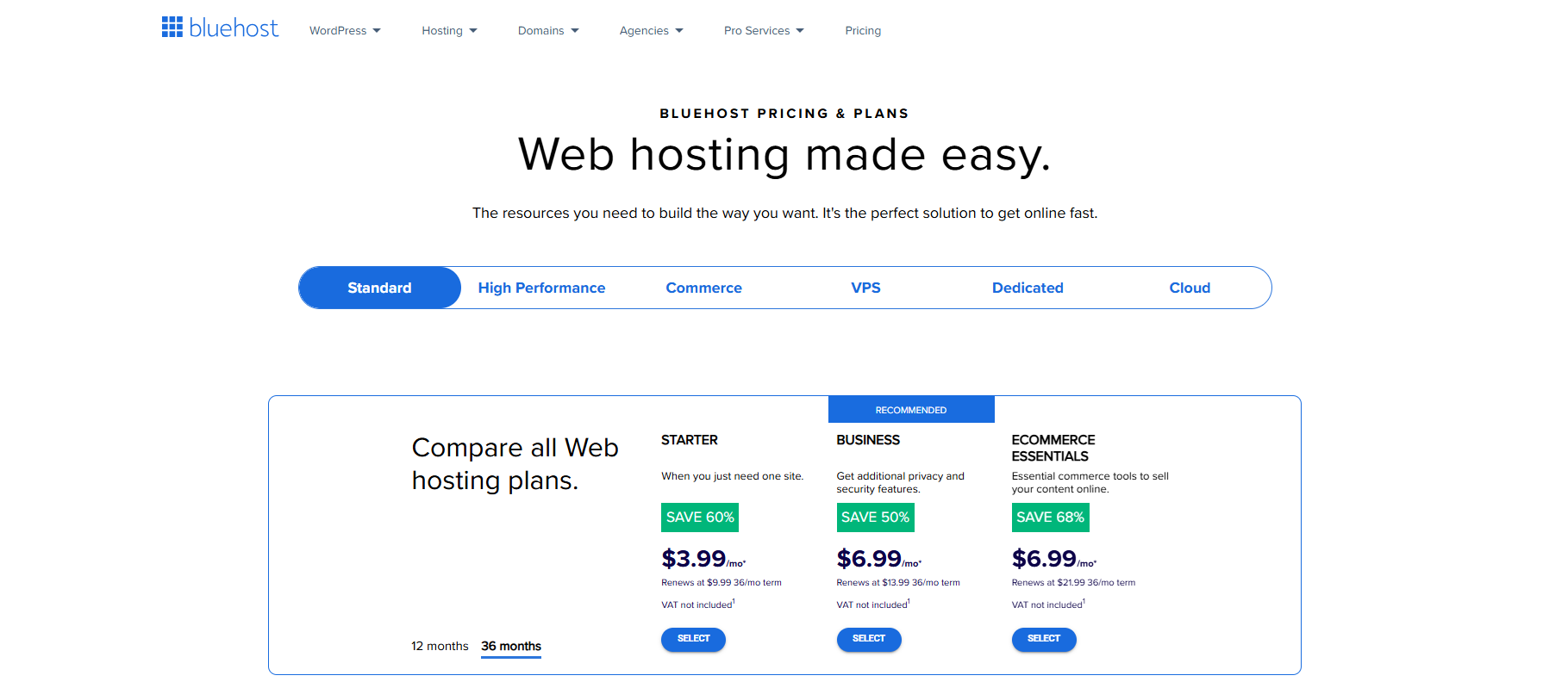 screenshot of Bluehost Hosting plans