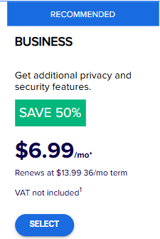 screenshot of Bluehost Business Hosting plan