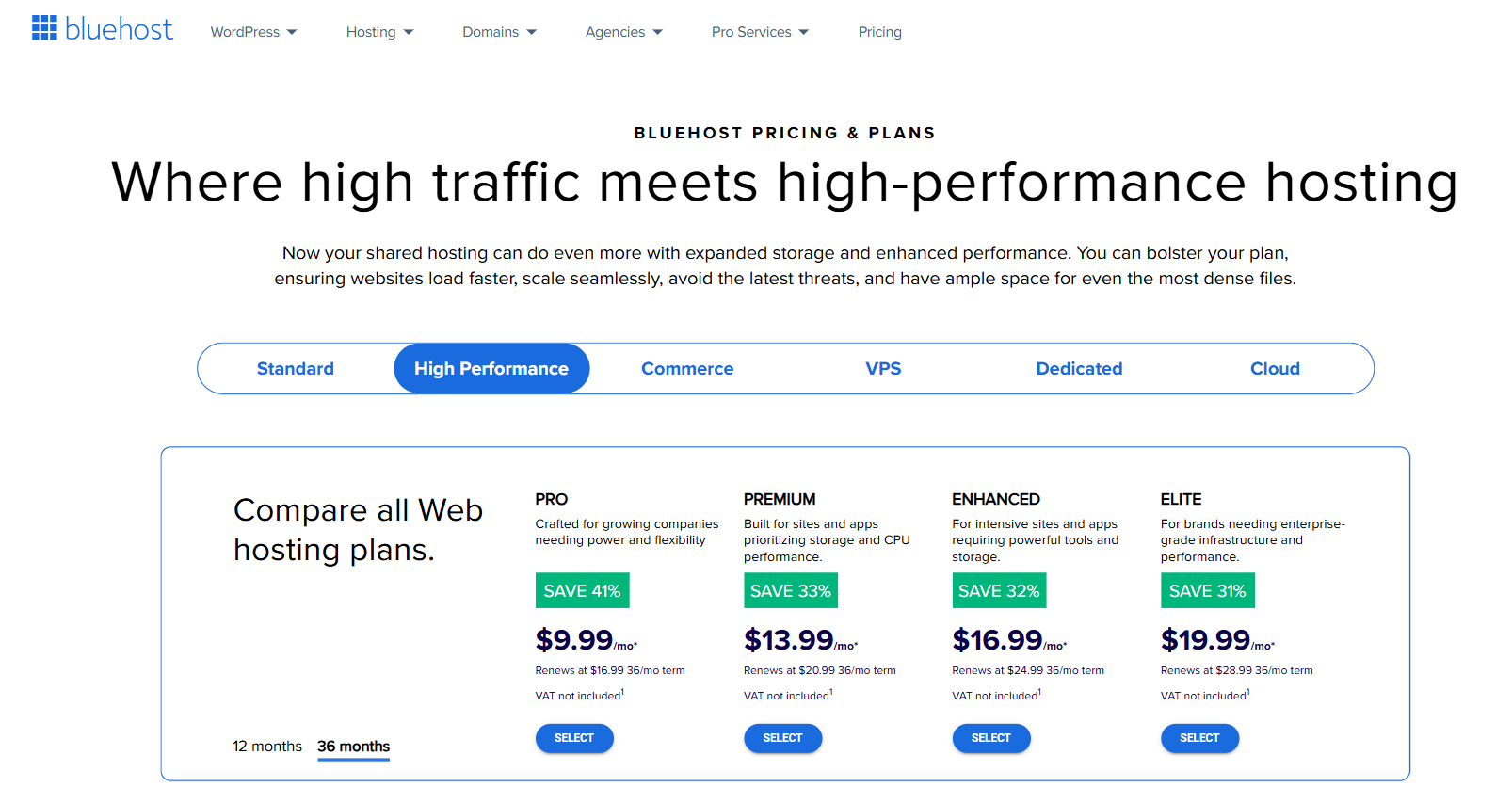 screenshot of Bluehost High Performance Hosting plans