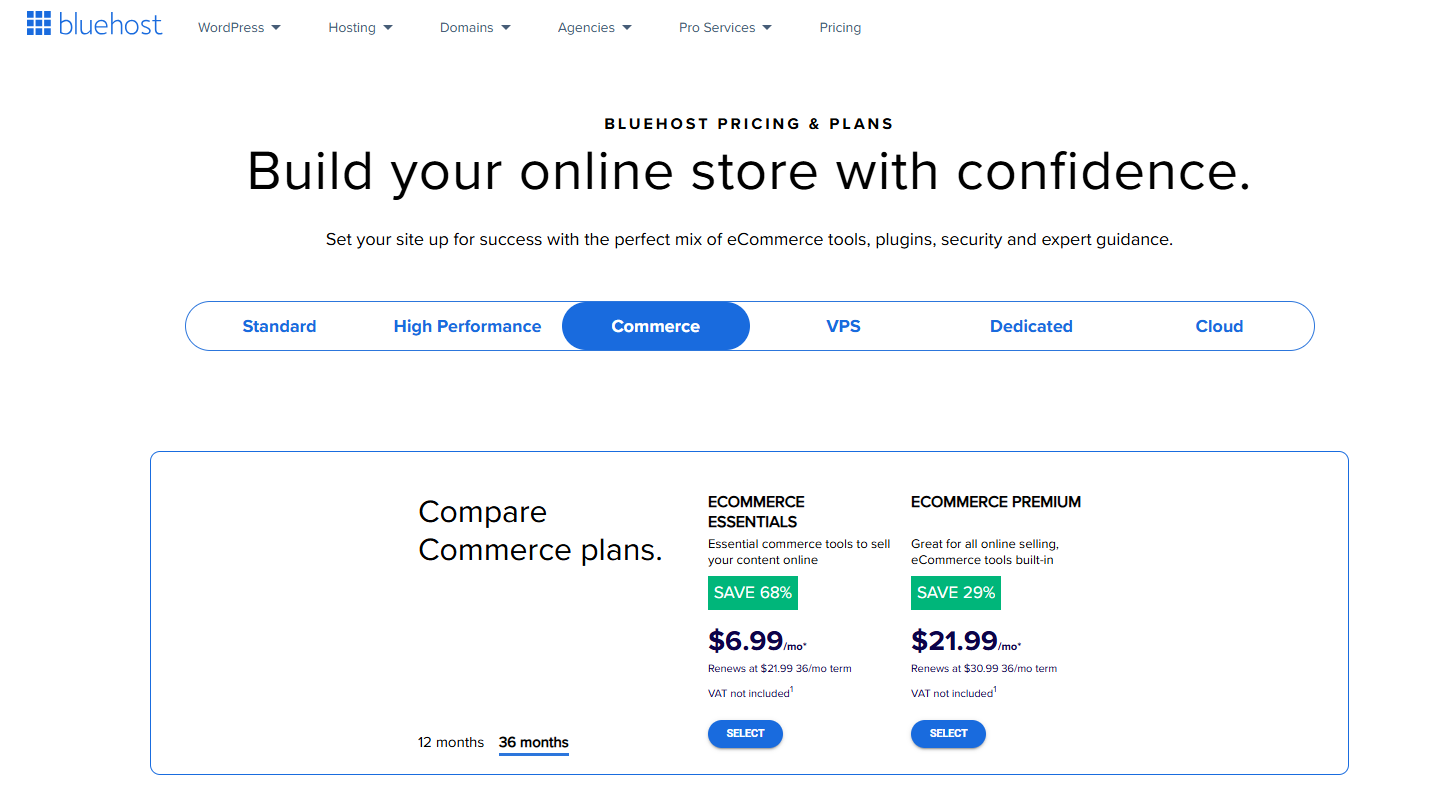 screenshot of Bluehost Commerce Hosting plans