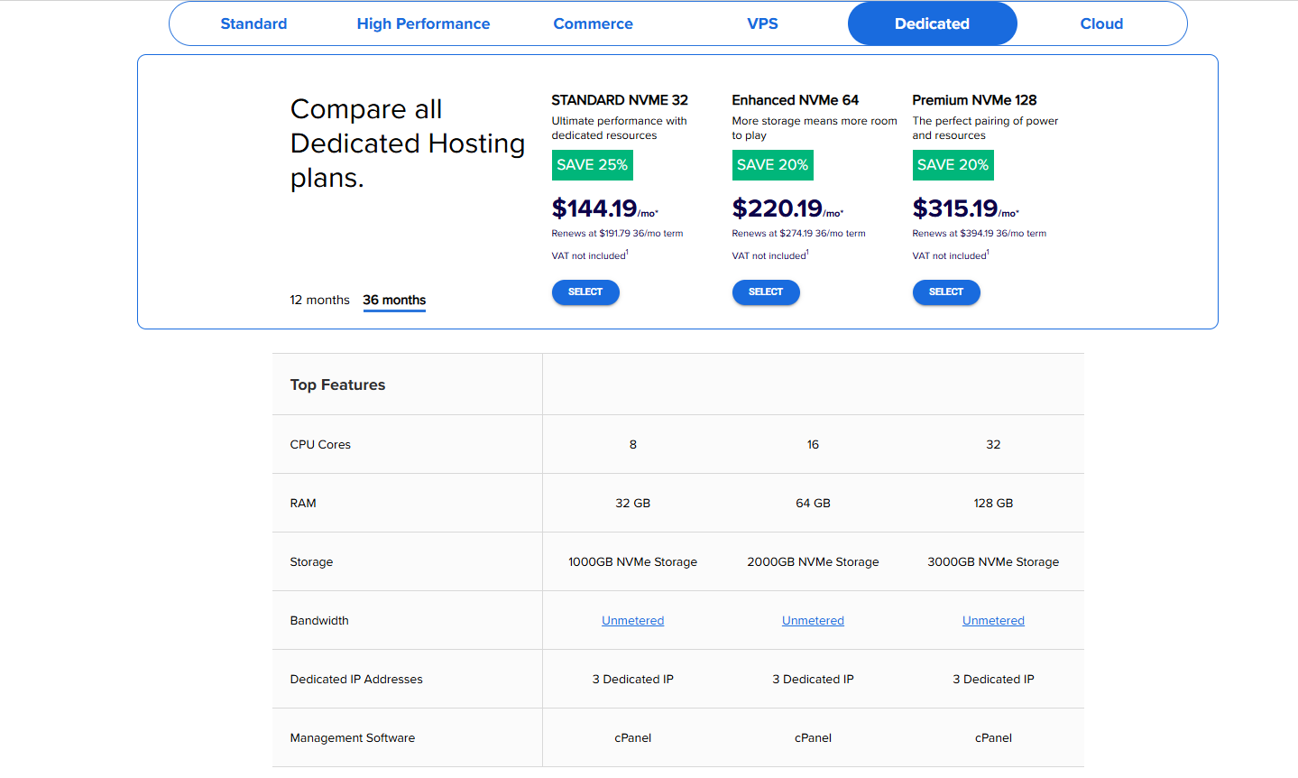 screenshot of Bluehost Dedicated Hosting plans