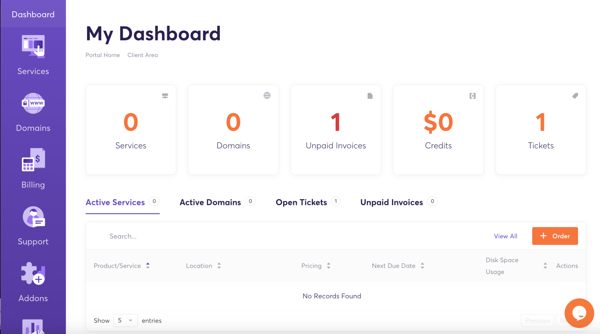 ChemiCloud client area dashboard overview for Email Hosting users