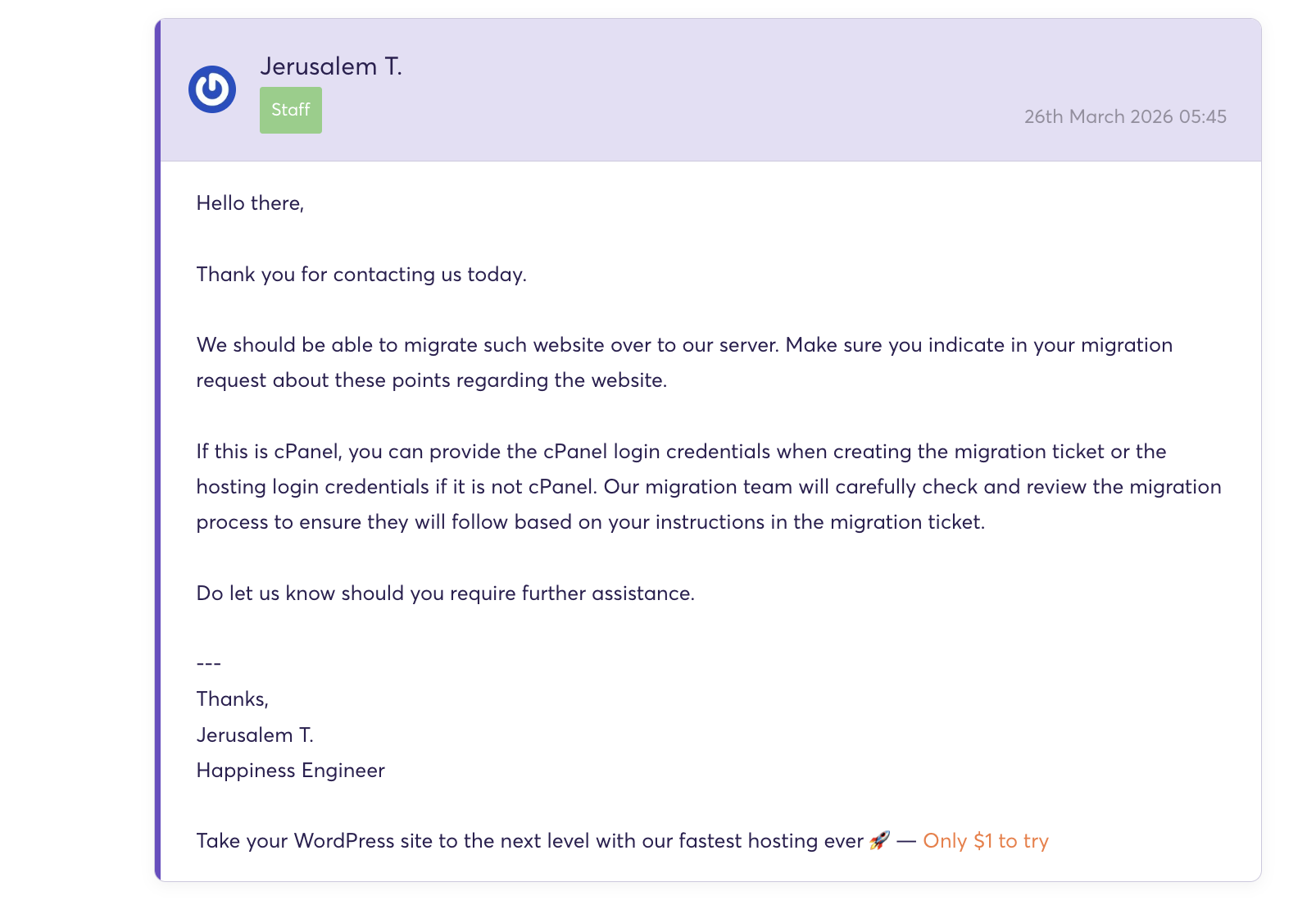 ChemiCloud ticket reply with migration guidance and credential requirements