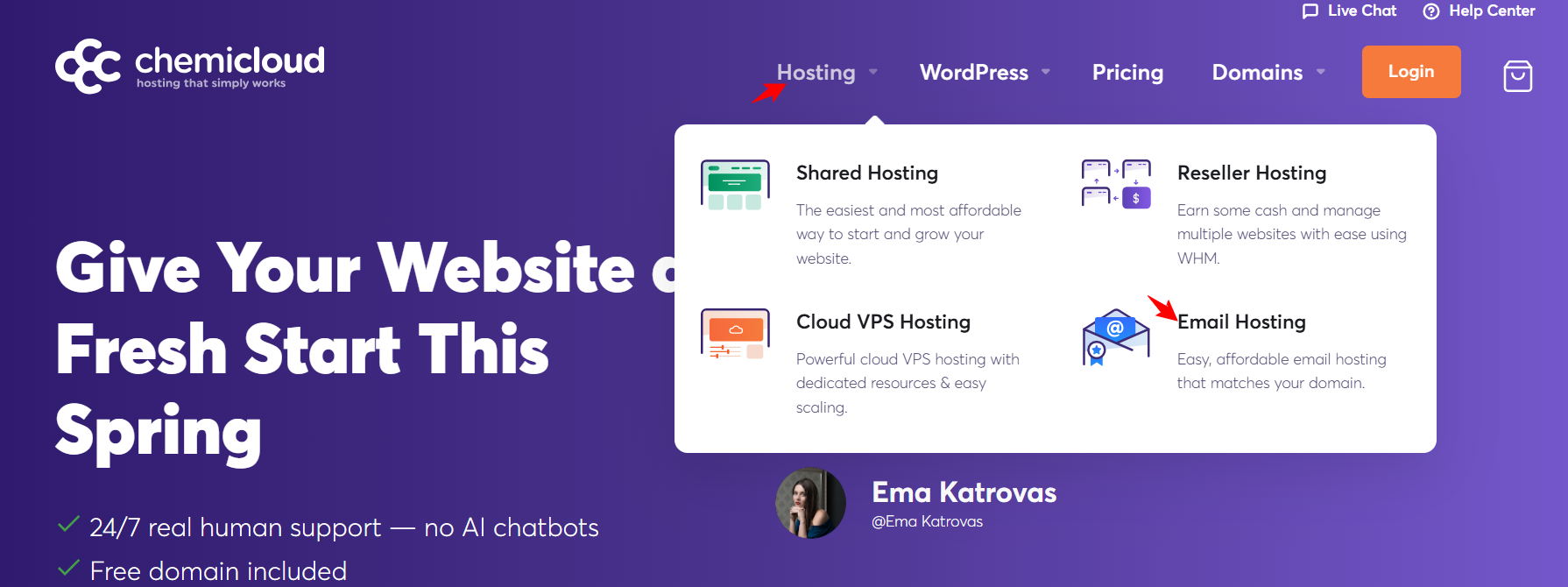 ChemiCloud hosting menu showing the Email Hosting option