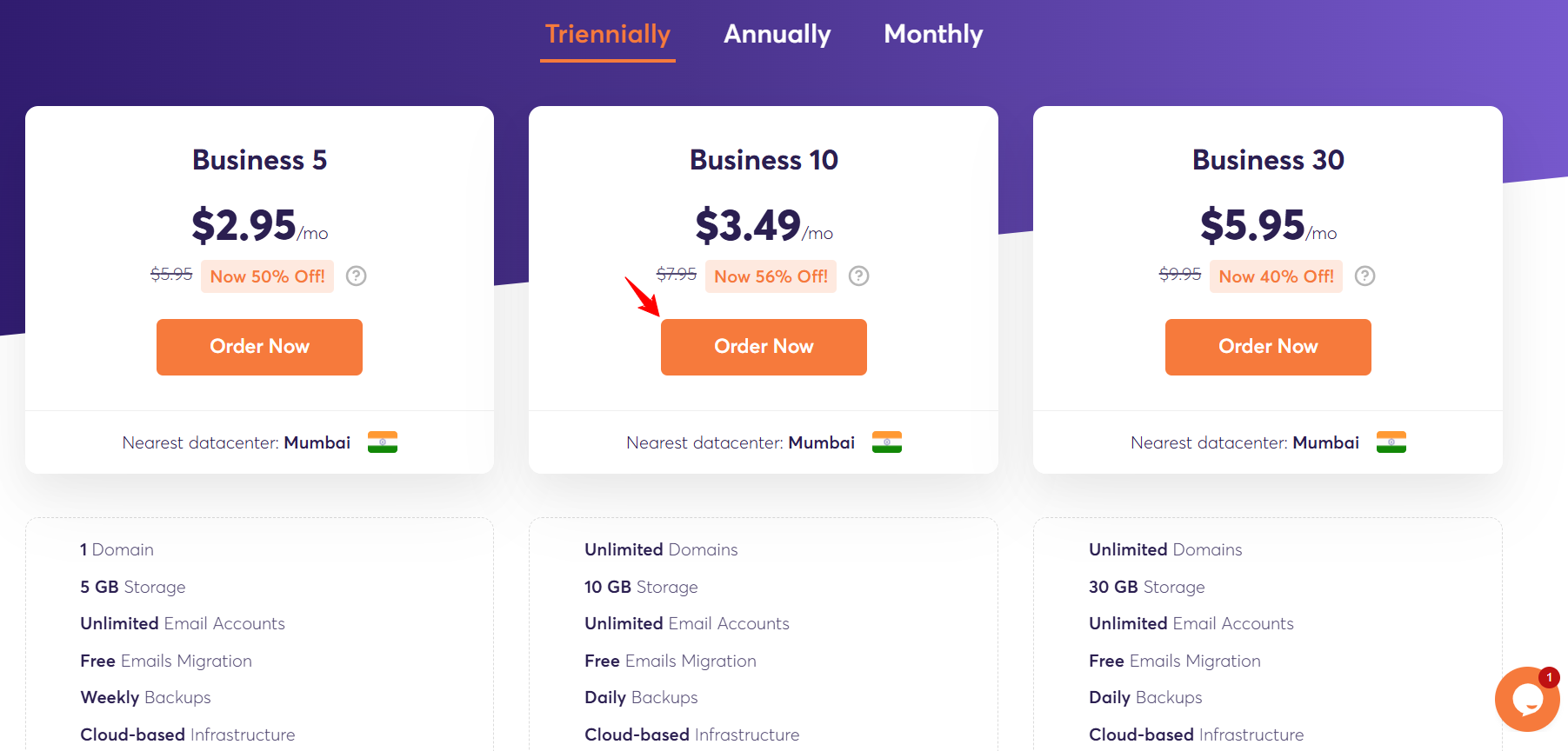 ChemiCloud Email Hosting plans page with Business 10 selected