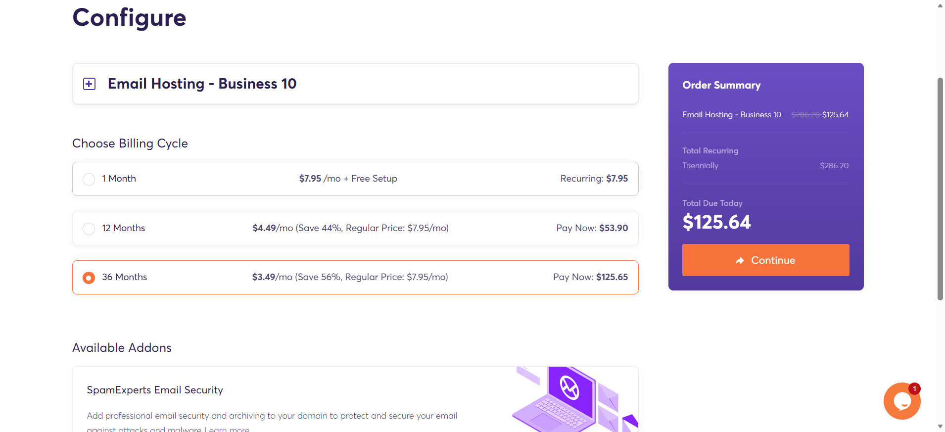 ChemiCloud billing cycle configuration page for Email Hosting