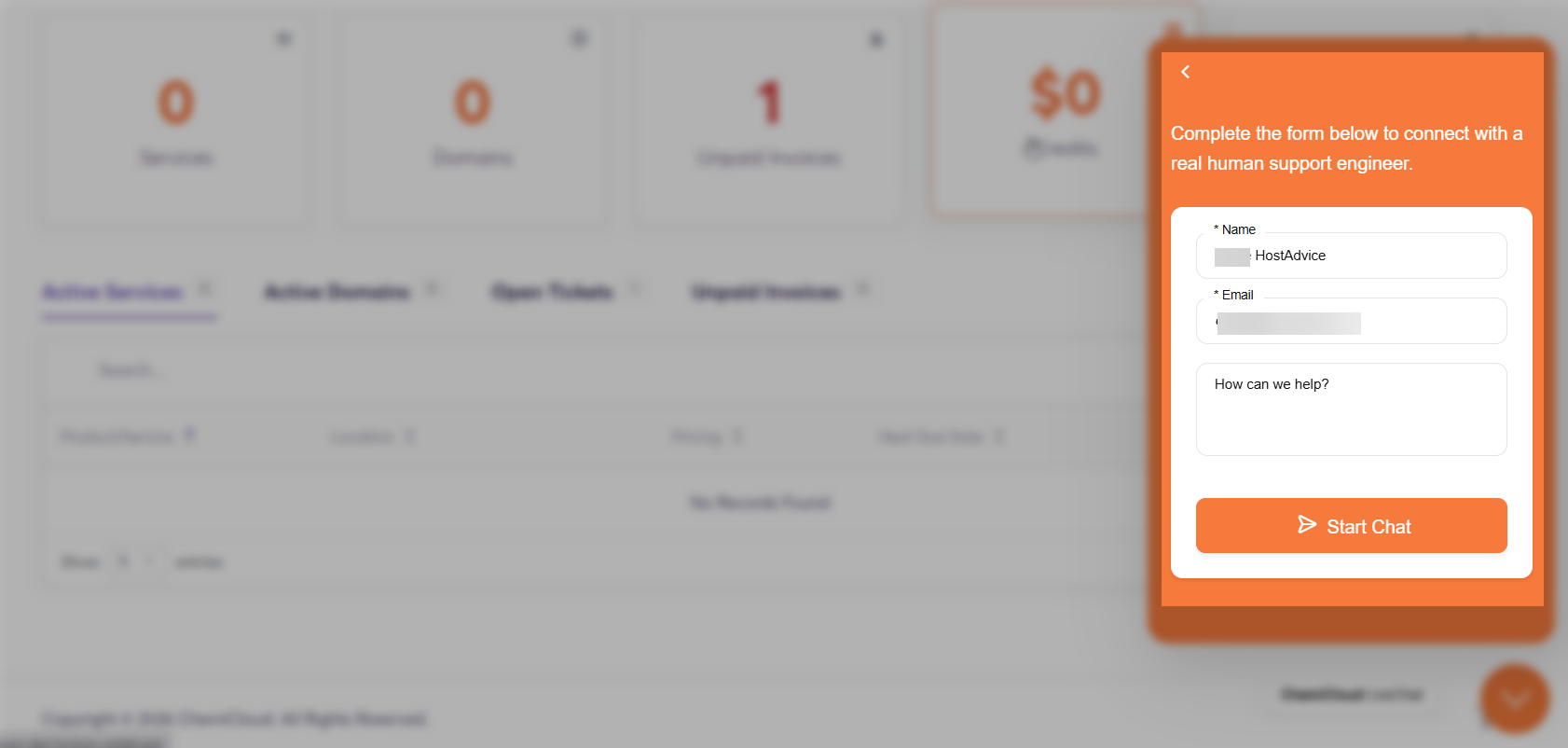 ChemiCloud live chat pre-chat form and support access