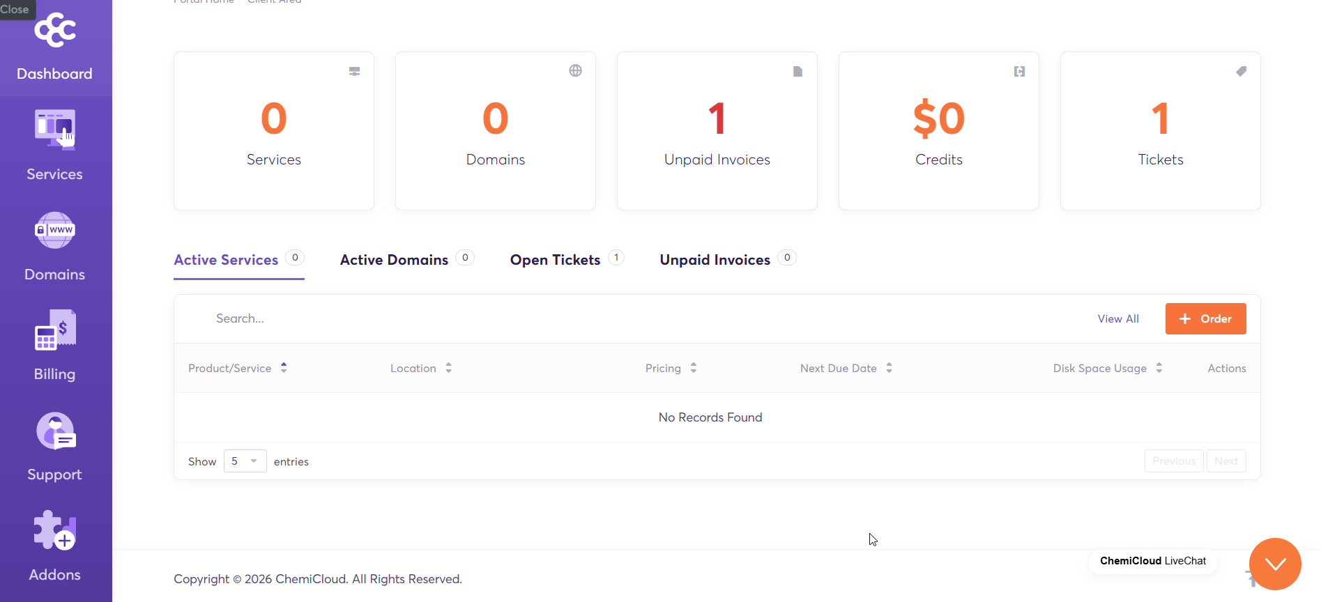 ChemiCloud client area dashboard overview