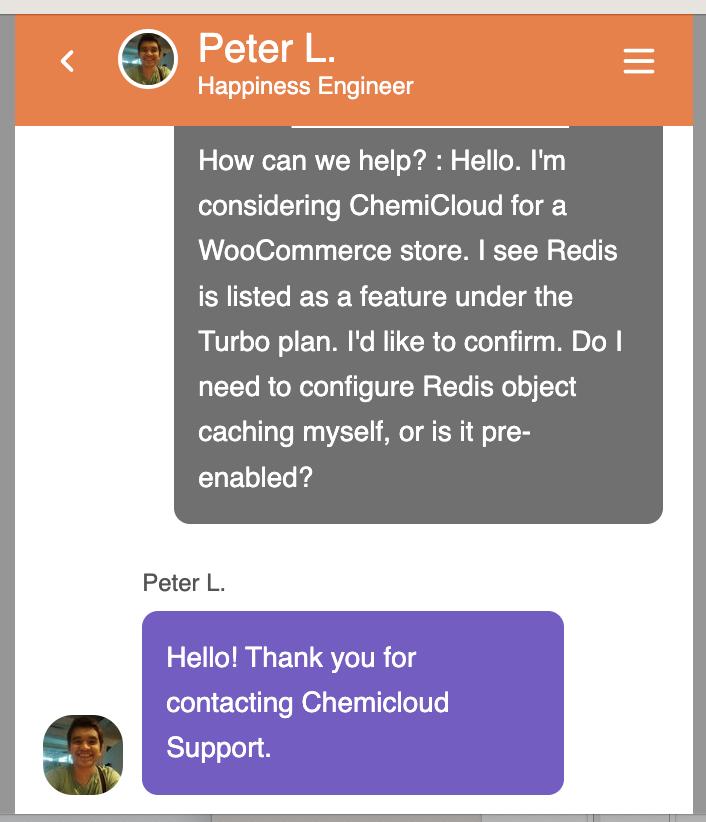 ChemiCloud live chat conversation asking about Redis object caching