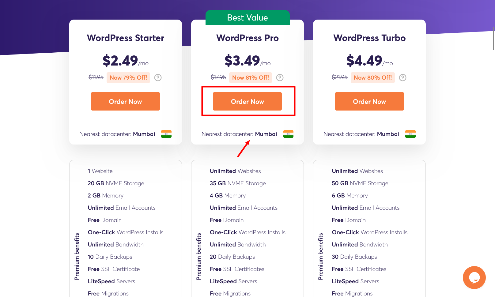 ChemiCloud India WordPress hosting plans page showing Mumbai location