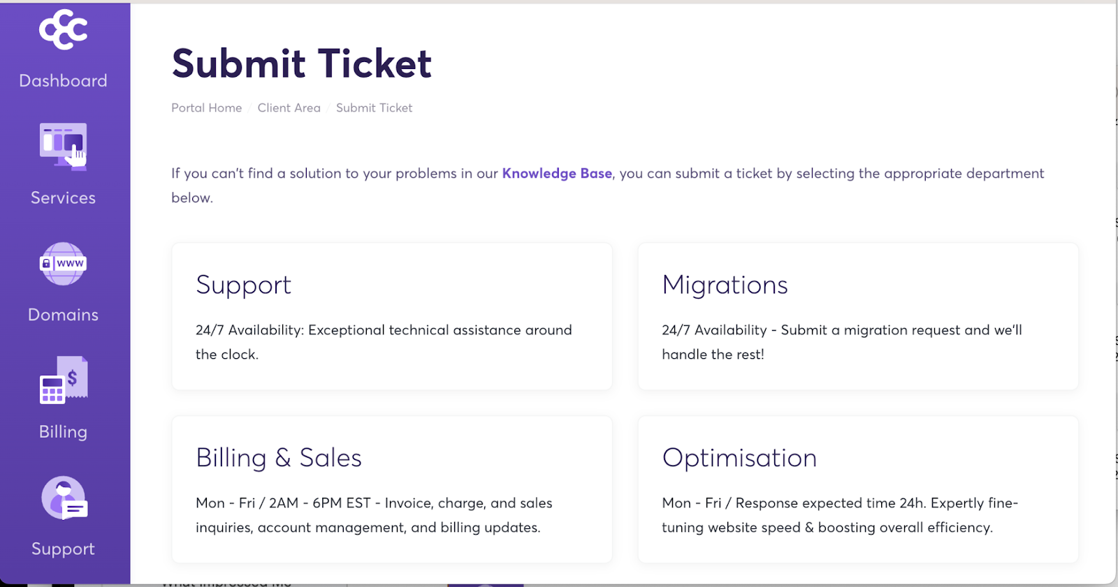 ChemiCloud ticket department selection screen