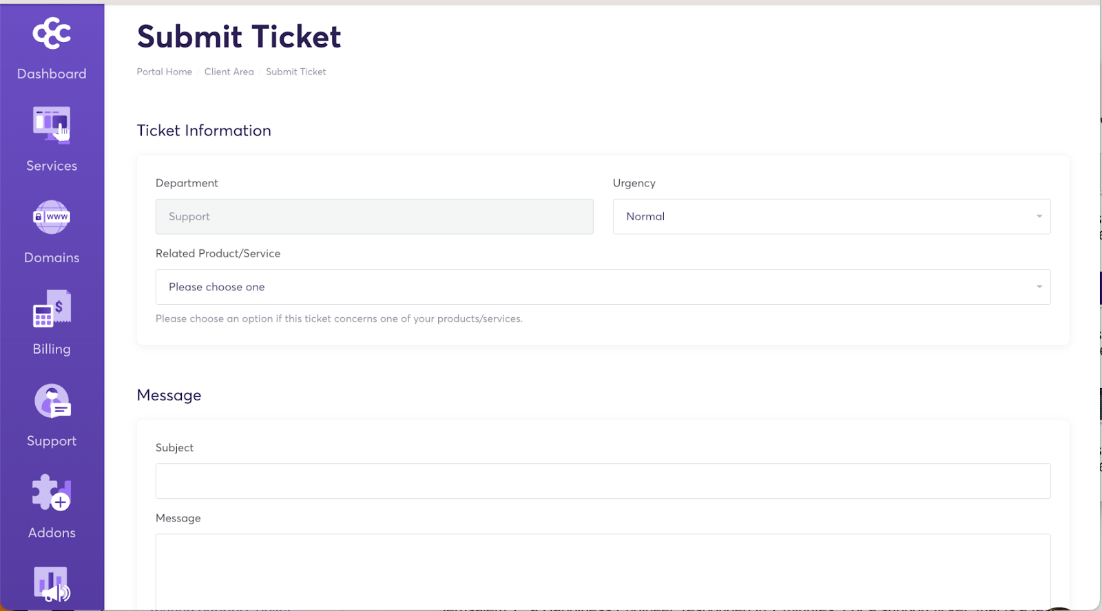 ChemiCloud support ticket form for reseller hosting customers