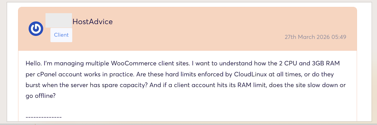 Submitted reseller hosting support ticket asking about CloudLinux CPU and RAM limits