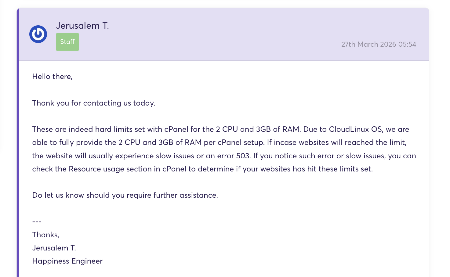 ChemiCloud support ticket reply explaining CloudLinux account resource limits