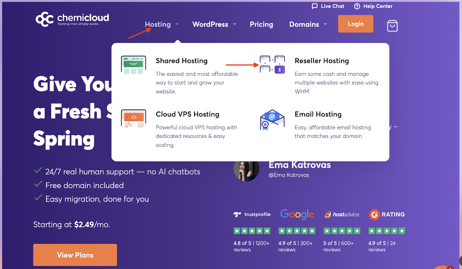 ChemiCloud top navigation menu showing the Reseller Hosting option