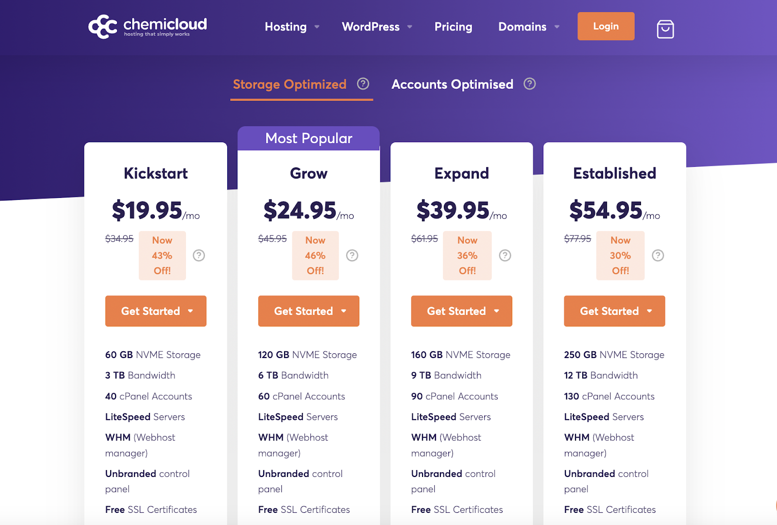 ChemiCloud reseller hosting plans page with Storage Optimised Grow plan selected