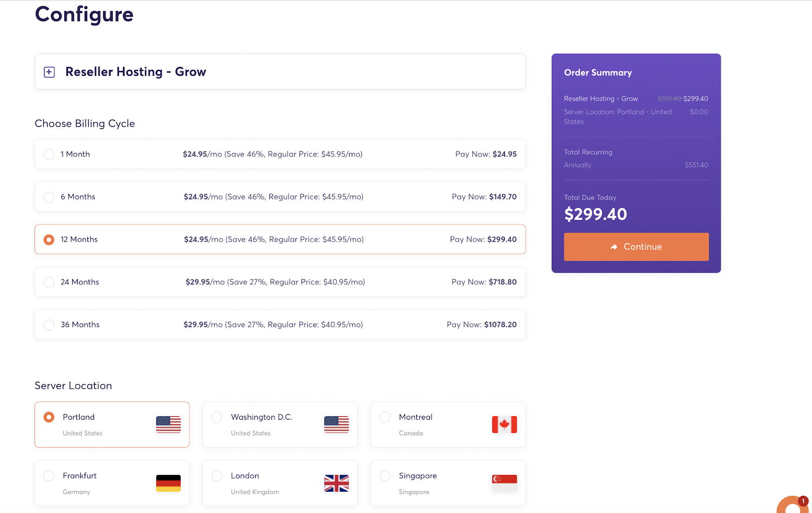 ChemiCloud reseller hosting configuration page with server location and billing summary