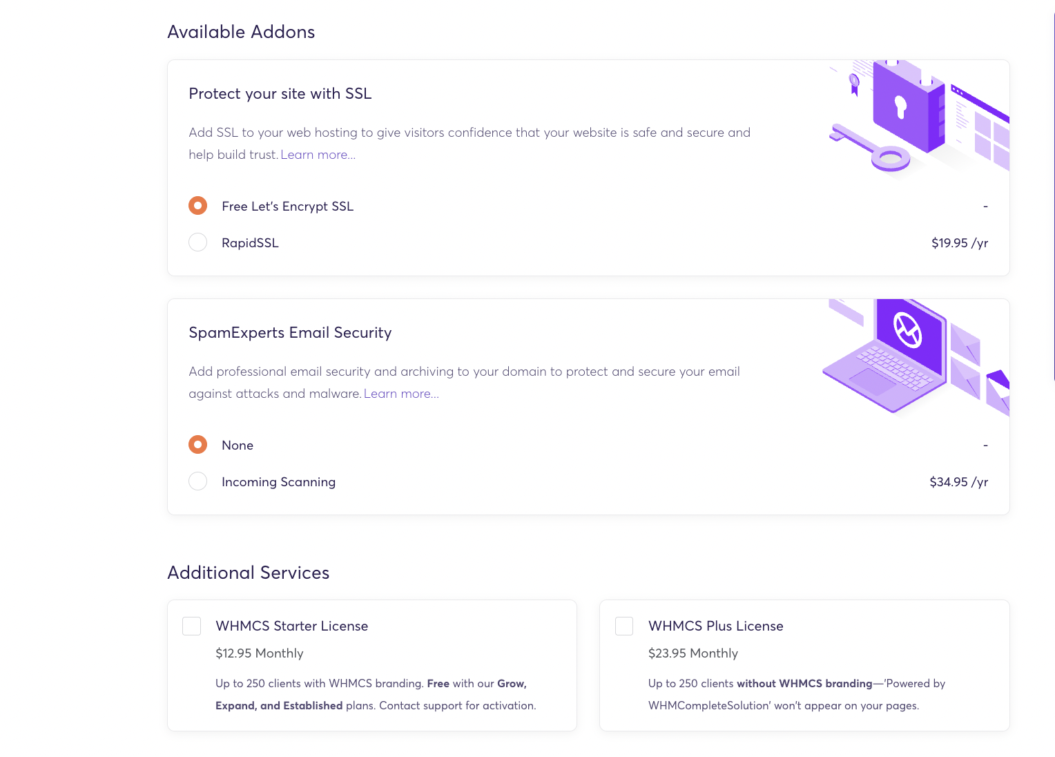 ChemiCloud reseller hosting add-ons section before checkout