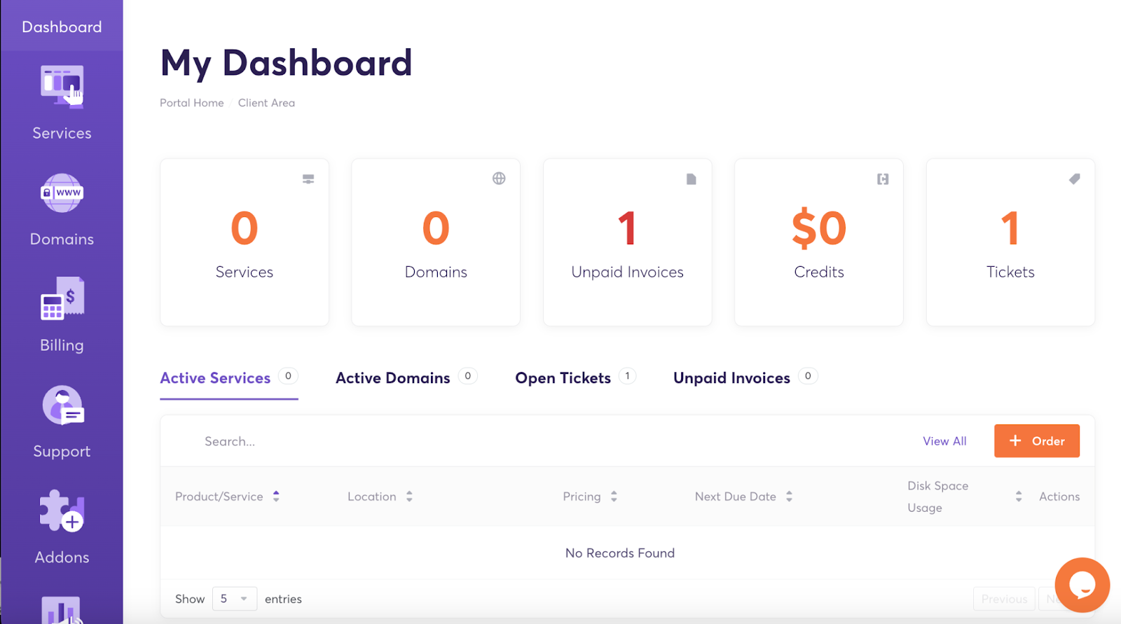 ChemiCloud client area dashboard overview after first login