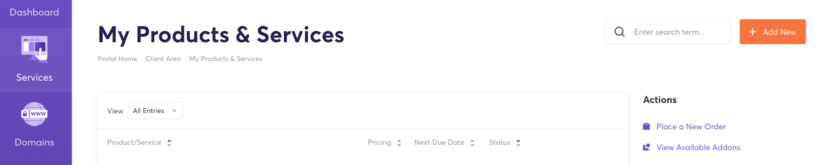 ChemiCloud client area sidebar navigation with Services and WHM access