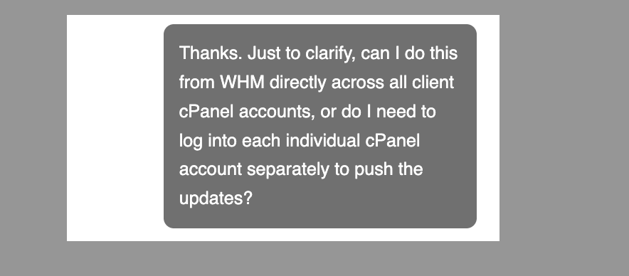 Follow-up live chat question about WHM dashboard update management
