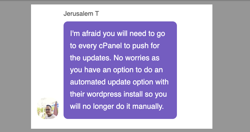 ChemiCloud live chat clarification about managing updates from individual cPanel accounts